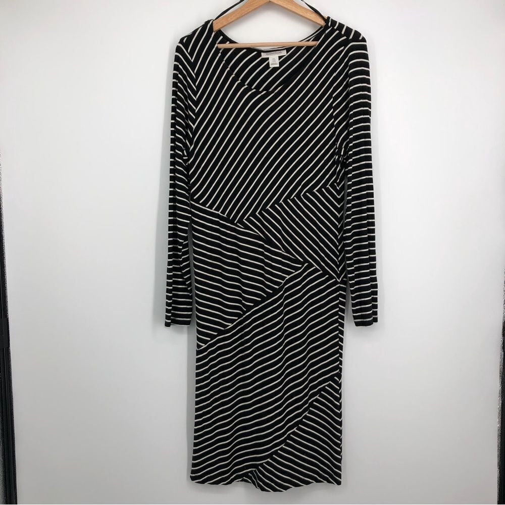 Motherhood Maternity Patchwork Stripe Long Sleeve Dress Womens Large Black Midi